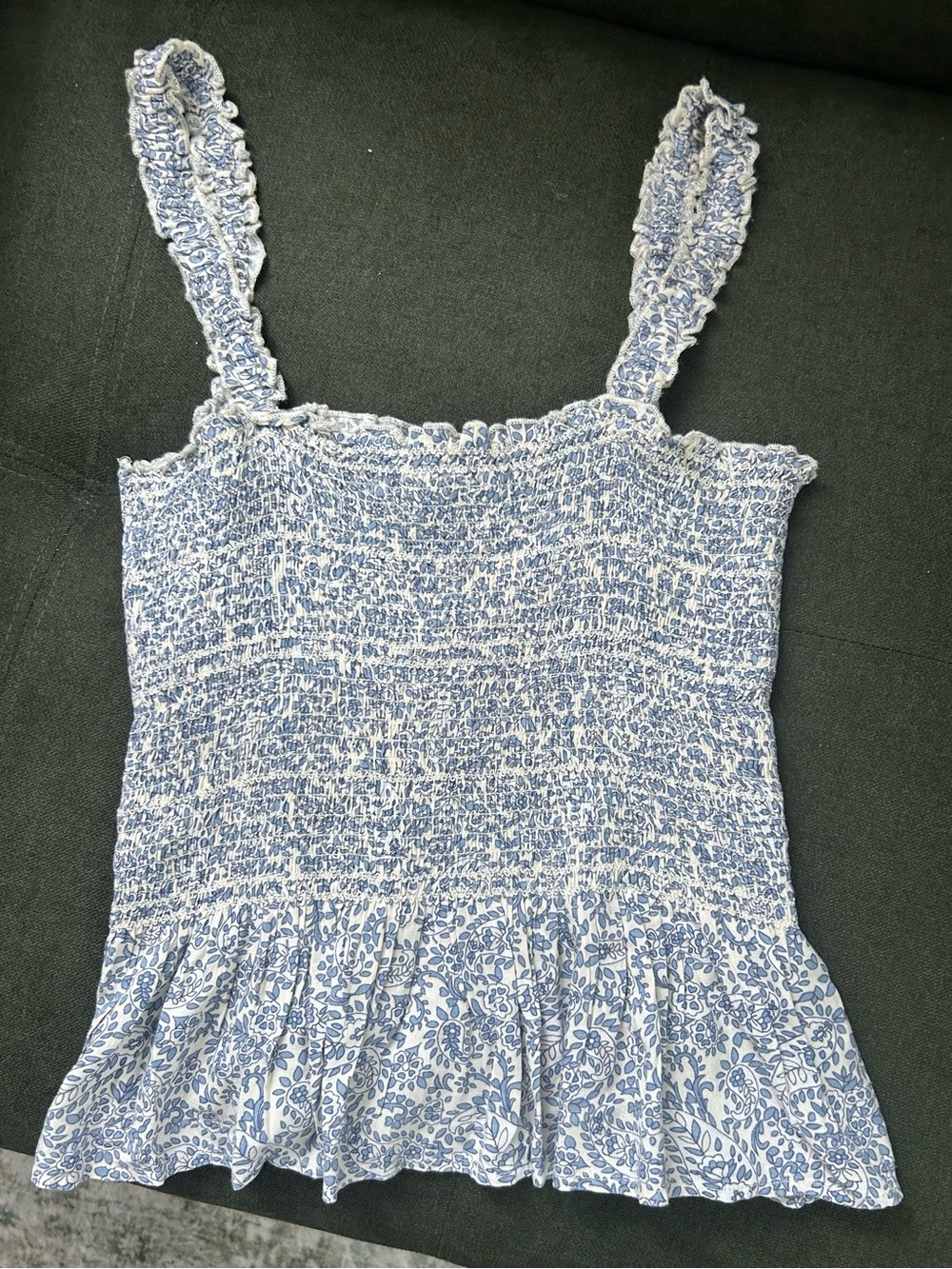 Patrons of Peace Blue White Floral Smocked Peplum Tank - Picture 2 of 4